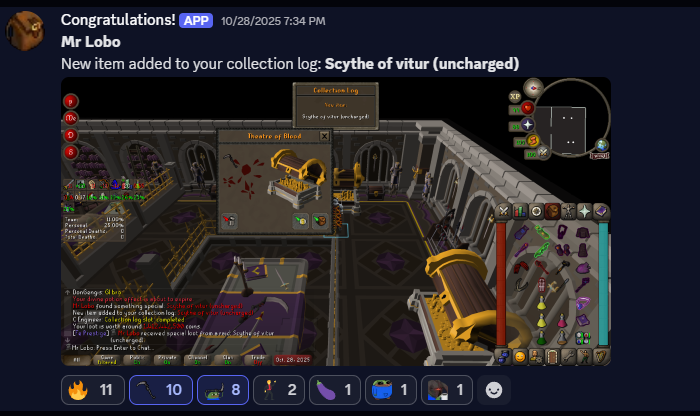 Drop of the Week, 10/26/2025 to 11/2/2025: Mr Lobo's Scythe of Vitur 
@𝕷𝖔𝖇𝖔 <:Scythe:715026524079915059> <:gz:1426232054797832274>